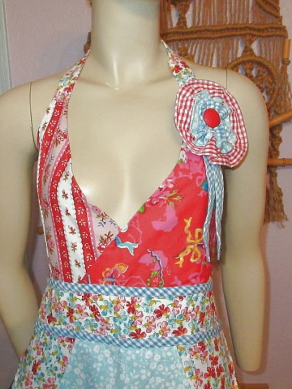 Vtg Coquette Tradwife Pinafore Apron Dress Tie Back Halter Pockets Cottagecore